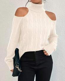 Womens Cold Shoulder Turtleneck Sweaters Fall Long Sleeve Soft Knit Pullovers Jumper Tops - Beige - 查看 2