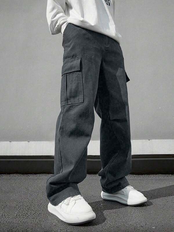 1 pieza Pantalones cargo de unicolor de corte slim con múltiples bolsillos para hombre, adecuados para primavera/verano, playa, vacaciones, uso diario, deportes, exteriores, casual, fitness, running, pantalones rectos, versátiles y de moda, otoño