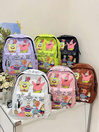 Spongebob SquarePants Printed Commuter Large-Capacity Casual Backpack For Both Men And Women, Cute Cartoon Student Schoolbag, Back To School Essentials