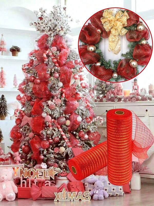 1/2/3pcs 10Yards Christmas Decor Mesh Ribbon, DIY Xmas Door Wreath Bow Flowers Garland, Gift Wrapping Ribbon For Birthday Wedding Holiday Party Supplies, Christmas Tree Decoration, Christmas Decorations For Home Christmas Gifts New Year Home Decor Room Decor