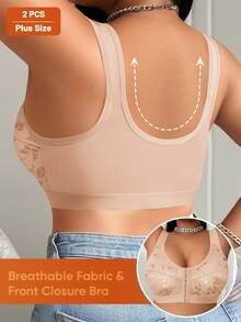 Morelect Set de 2 sujetadores con cierre frontal con estampado floral para mujer de talla grande, cómodos y de soporte para uso diario - Albaricoque - Ver 3