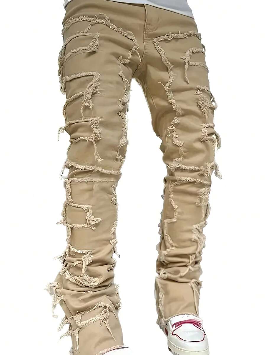 Men's Fashionable Solid Color Street Fringe Jeans - Khaki - View 1