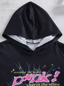 Set de 2 piezas de sudadera con capucha y pantalón con cordón estampado de letra y telaraña para niños preadolescentes, para primavera/otoño - Negro - Ver 3