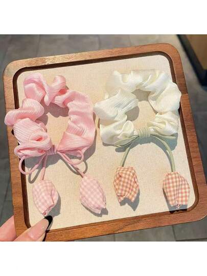 2pcs Tulip & Scrunchie Hair Ties, Cute Korean Style Hair Accessories ,Makeup