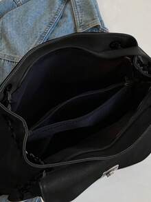 Women's Fashion Large Capacity Shoulder Tote Bag, Minimalist Solid Color Handbag, Crossbody, Work Bag, Travel, Versatile Chain Strap Bag - Black - View 5