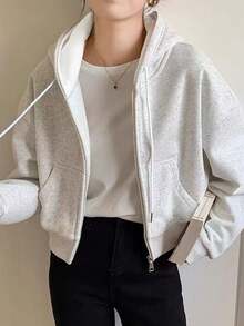 Y2k Clothes,Spring Women's Outfit, Solid-Color, Laid-Back, Fashionable And Casual Spring Wear,Street Style,Hooded ,Chic,Valentine Outfits For Women,Tops - White Flower Gray - View 2