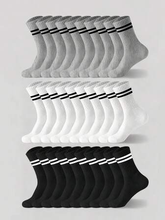 3/5/10 Pairs Of Striped Mid-Calf Socks, Crew Socks, Comfortable And Breathable, Men's And Women's Long Socks, White Socks, Suitable For Daily, Sports, Fall Socks