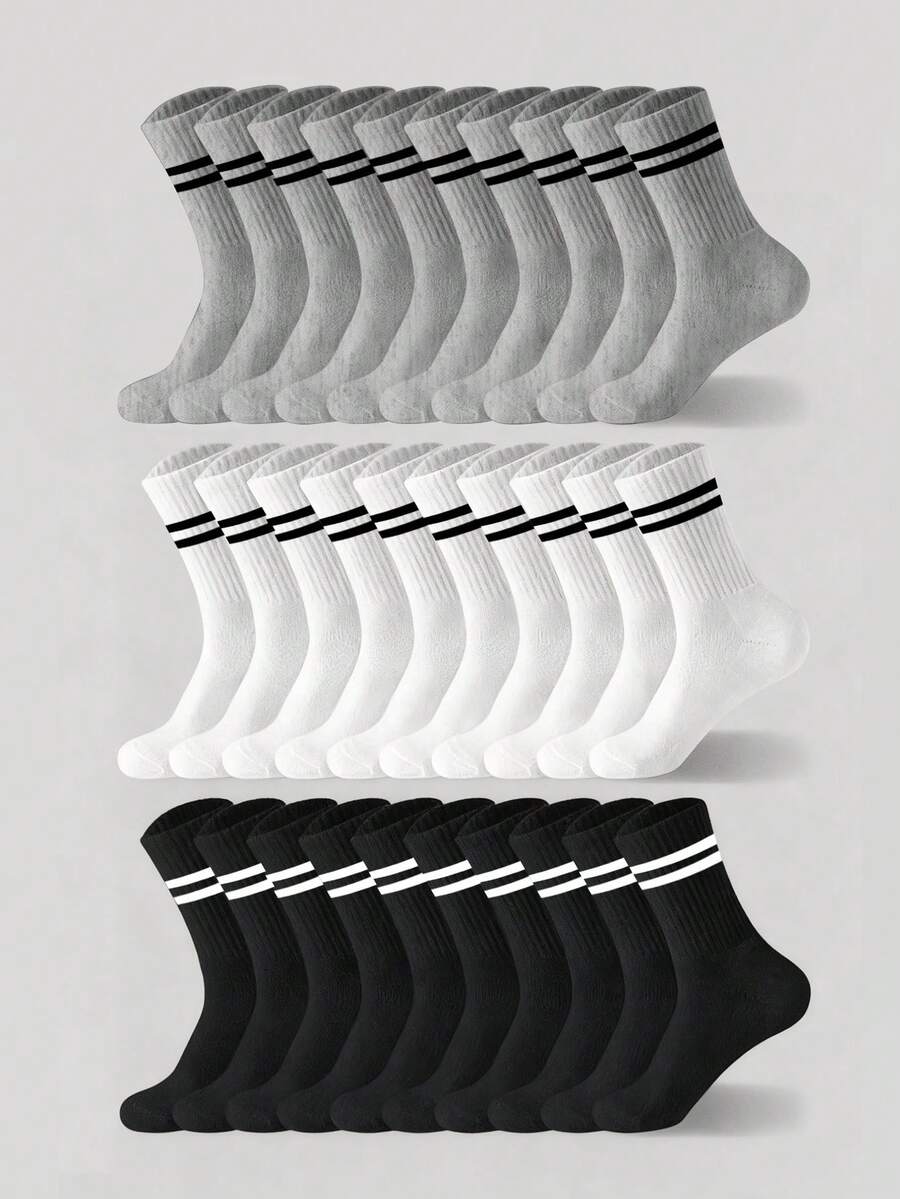 3/5/10 Pairs Of Striped Mid-Calf Socks, Crew Socks, Comfortable And Breathable, Men's And Women's Long Socks, White Socks, Suitable For Daily, Sports, Fall Socks - Multicolor - View 1