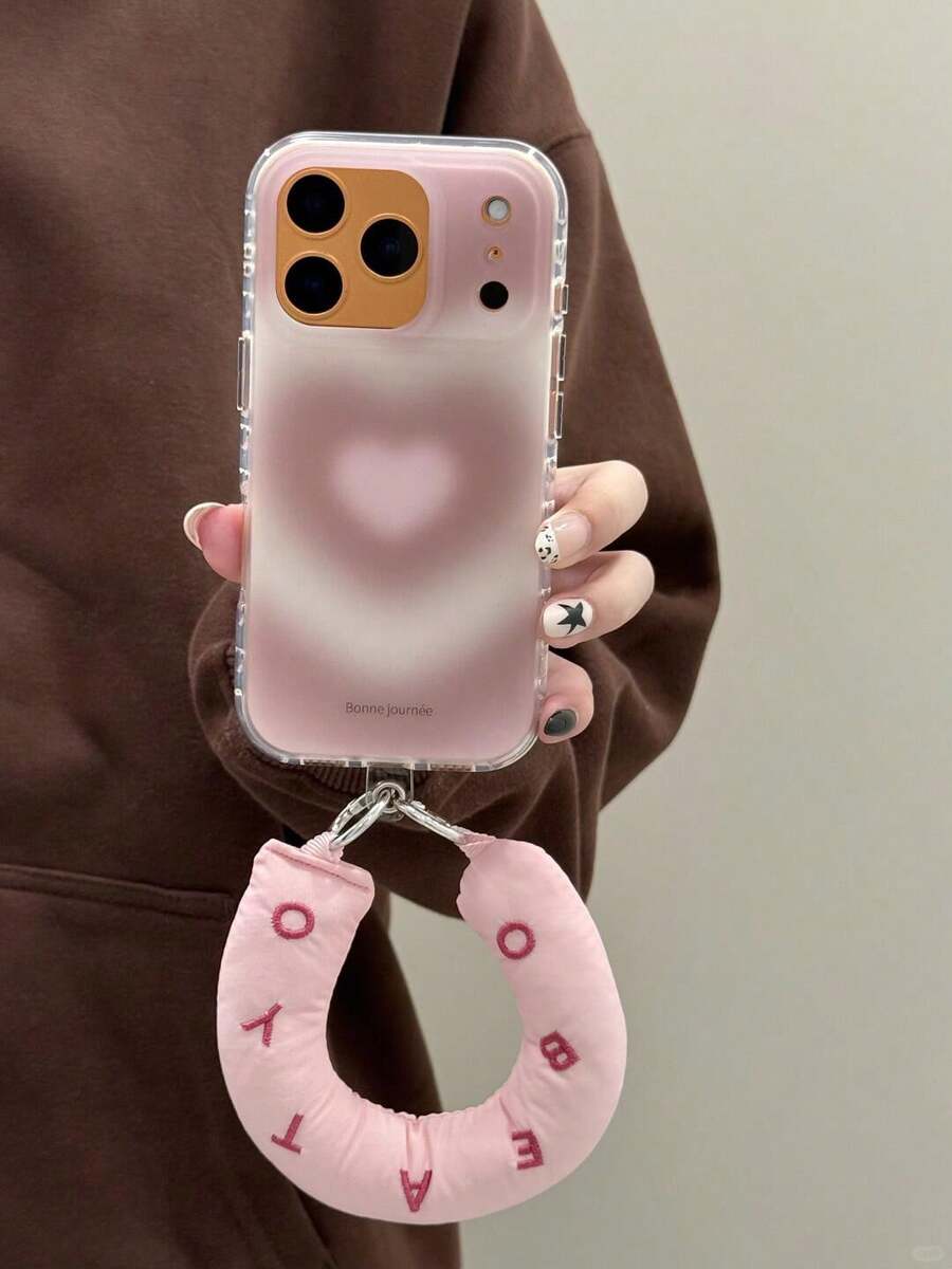 Cute Korean-Style Love Design Pink Smartphone Case With Donut Strap, Compatible With IPhone 17, Pro Max, 17, 16 Pro, 15, 14, And 14 Pro Max. Shockproof, Drop-Resistant, And Scratch-Resistant Protective Cover. Sweet Girl Design. - Pink - View 1