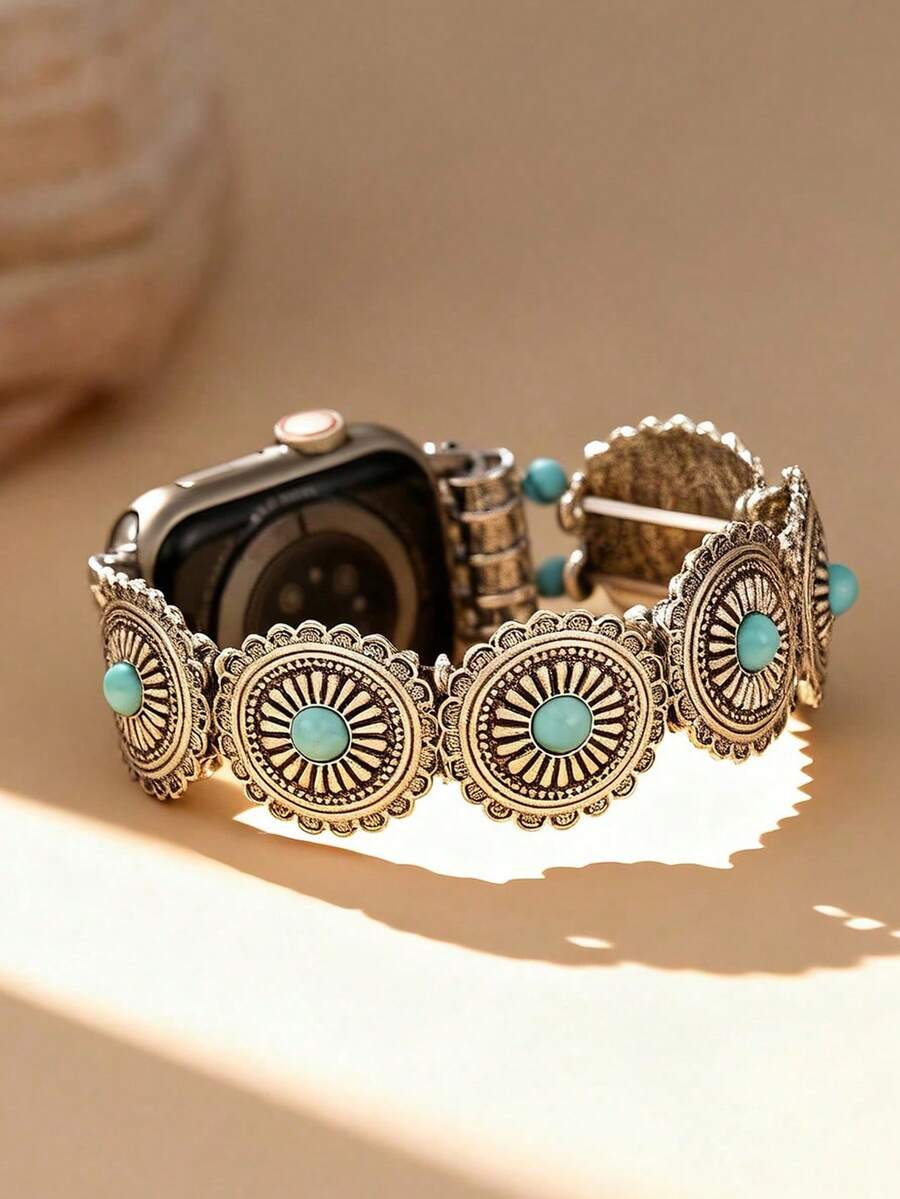 1 pieza Brazalete de turquesa con patrón bohemio, compatible con Apple Watch 38/40/41mm, Ultra/Series 3-8, pulsera de aleación con estilo retro de moda, accesorio de playa de verano, estilo nacional