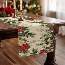1 Set Leinen Weihnachts-Tischläufer, entworfen mit einem Poinsettia-Muster mit Tannenzweigen, Stechpalme und Beeren als Verzierungen, strapazierfähige Polyester rechteckige Tischdecke, Weihnachtsdekoration geeignet für ländliche Feiertags-Dekoration