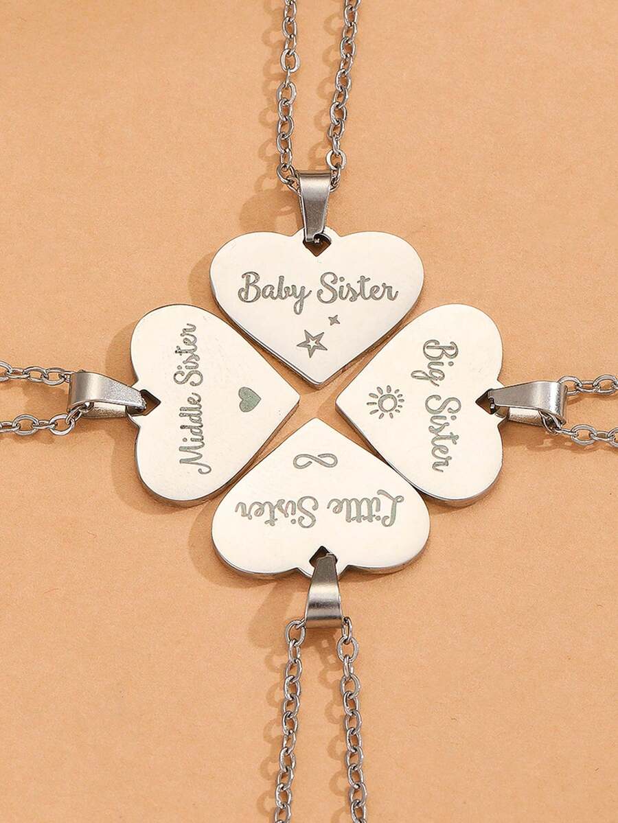 4pcs/Set Stainless Steel Heart Shaped Best Friends Necklace Set, Casual Jewelry Accessories With Brand Box, Suitable For Daily Wear And Gift Giving
