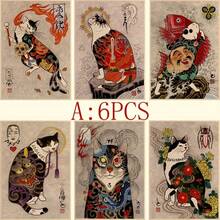 6pcs Japanese Cat Poster Retro Advertising Retro Poster Wall Decal Decoration Home, Bar, Cafe Wall Decoration Painting NO Frame