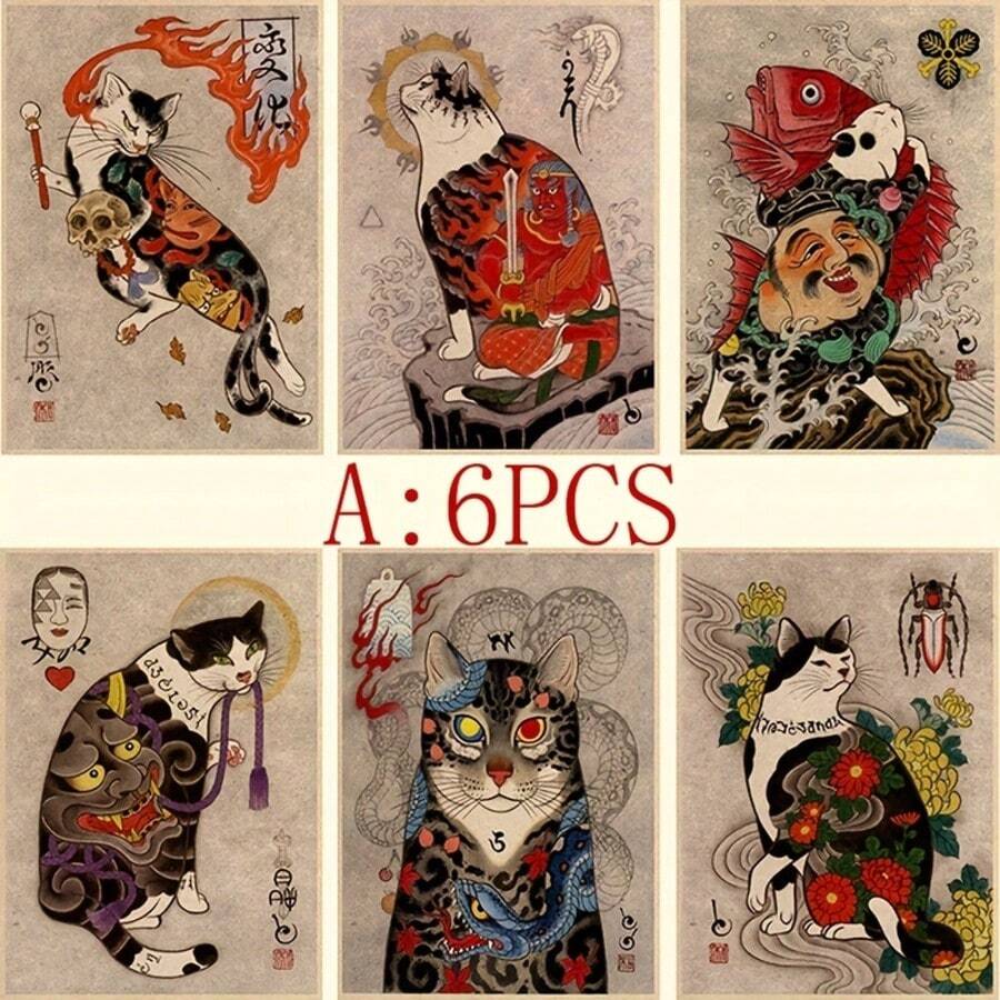 6pcs Japanese Cat Poster Retro Advertising Retro Poster Wall Decal Decoration Home, Bar, Cafe Wall Decoration Painting NO Frame