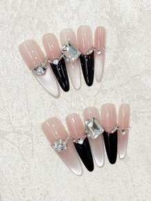 10片装奢华猫眼美甲贴纸，镶嵌黑色水钻和方形钻石，轻盈百搭，适合约会、日常佩戴、音乐会、节日等场合 - 可重复使用的手工美甲贴片，含果冻胶和迷你指甲锉，美甲用品 - 彩色 - 查看 2