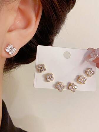 6 piezas Pendientes de aro pequeños elegantes con strass en forma de trébol, pendientes de aro minimalistas de lujo y de moda