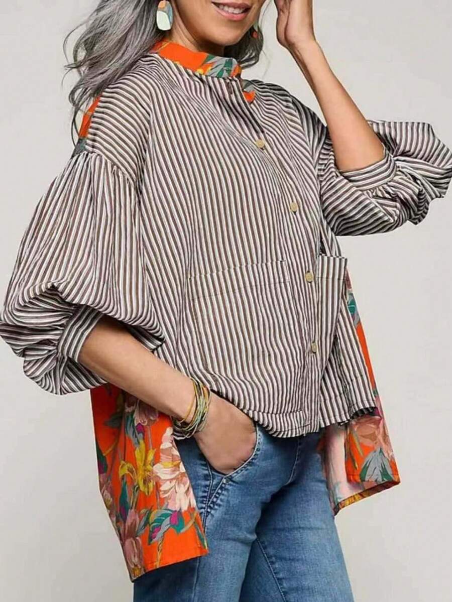 女式条纹梭织面料长袖纽扣前襟上衣，花卉撞色立领和常规下摆，打造端庄时尚
