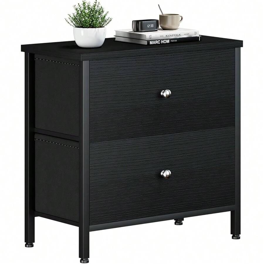 Black Nightstand 2 Drawer Dresser For Bedroom,Small Night Stand End Table With Fabric Drawers Modern