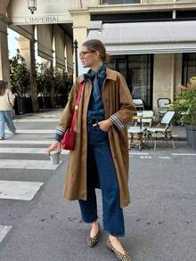 女士秋季新款通勤夹克，复古格纹图案，立领，直筒廓形，插肩袖，前部纽扣，斜插口袋，宽松版型，长款风衣 - 咖啡棕 - 查看 2