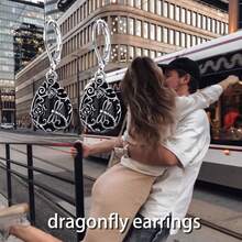 1 Pair Elegant Black Zirconia 925 Sterling Silver Rose Flower & Dragonfly Engraved Dangle Earrings, Great Gift For Women