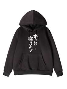 Women's Casual Loose Fit Round Neck Fleece Sweatshirt With Cartoon Letter Print, Versatile For Autumn/Winter - Black - View 3