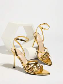 Women's High Heel Sandals With Leaf Decor, Pointed Toe, Metallic Finish, Comfortable Material, Suitable For Parties, Travel, Dates, Formal Events, Sexy And Sophisticated, Gold Color High Heel Sandals