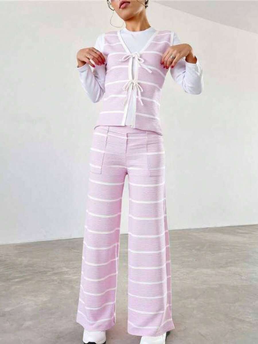Novedades otoño/invierno Conjunto de dos piezas para mujer Casual, Rayas sensual, ropa para estar en casa, salidas, vacaciones, fiestas Conjunto de cárdigan y pantalones de punto a rayas cálidos Adecuado para Navidad, Halloween, Año Nuevo, Día de Muertos, citas, cumpleaños, bodas - Rosa - Ver 1