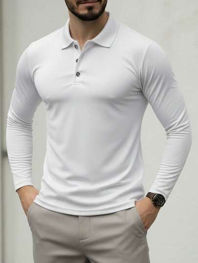 Męska koszulka polo z długim rękawem, swobodna, biznesowa, jednokolorowa, z dopasowanym kołnierzykiem, jesienno-zimowa, podstawowa koszulka