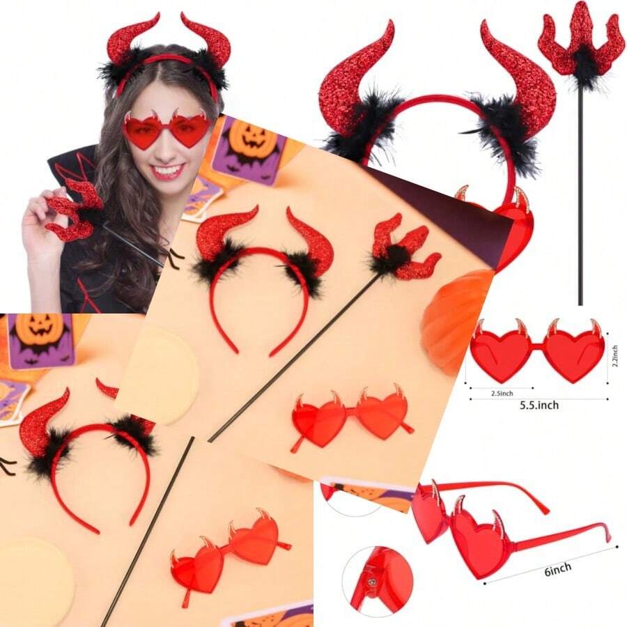 Halloween Devil Costume Sunglasses Horns Headband And Short Pitchfork For Women Demon Cosplay Accessories