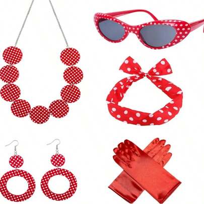 5pcs-1950s Hong Kong-Style Retro Earrings, Exaggerated Autumn And Winter Stud Earrings, Stylish Color-Blocking Earrings, 2025 New Style, Versatile, Carnival Party Polka Dot Best-Selling Items, Headband, Silk Scarf, Glasses, Stud Earrings, Role-Playing Costume, Ball Set