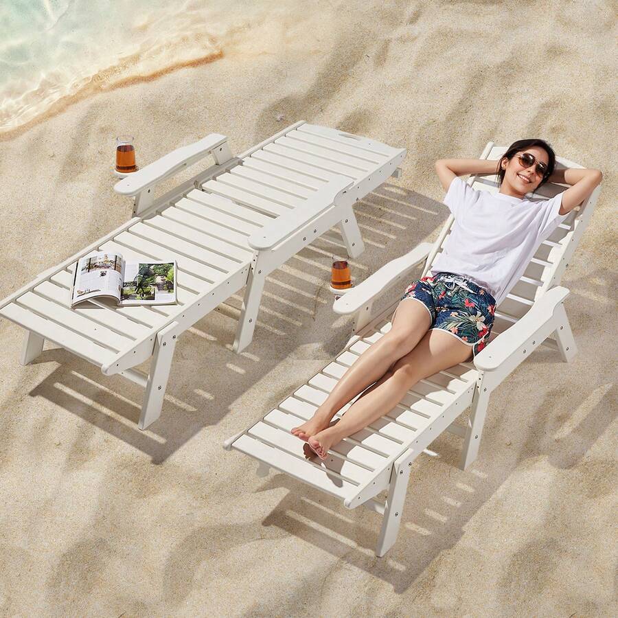 Chaise Lounge Chair, 400 Lbs Weight Capacity, 6 Positions Adjustable Patio Lounge Chair, Outdoor HDPE Lounge Chair With Backrest & Cup Holder, For Pool Poolside Deck Backyard Lawn, White - 白色 - 查看 1