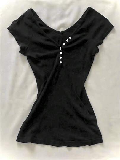 朋克风女式复古纯色休闲街头风短袖纽扣褶皱时尚上衣，甜美少女原宿Y2K T恤