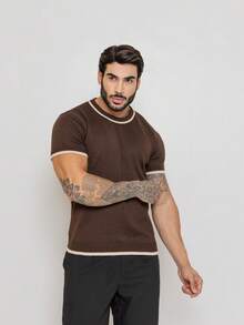 Men's Rib Knit Short Sleeve T-Shirt Basic Chic Duocolor Links Crew Neck Premium Quality Spring Summer 26 Men's Rib Knit Short Sleeve T-Shirt Round Neck High Stretch Regular Fit Tee - 鏽棕色 - 查看 2
