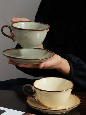 Handmade Rustic Ceramic Coffee Cup And Saucer Set, Vintage Crackle Glaze Ceramic Cup And Saucer, Suitable For Coffee, Afternoon Tea, Gift