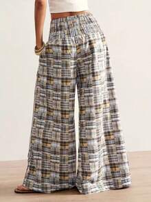 Women's Plaid Woven Fabric Wide Leg Pants, Pleated Waist, Non-Stretch, Casual Style