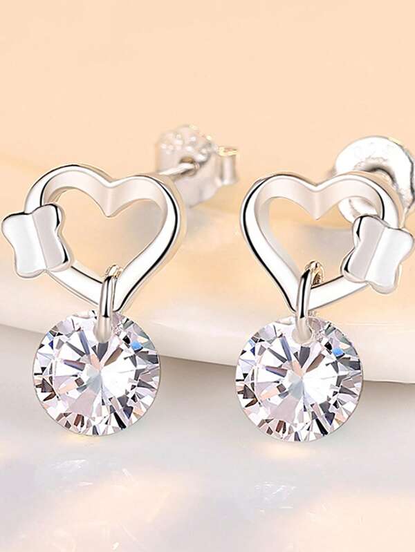 1 pieza Pendientes de corazón y mariposa de circonita sintética hipoalergénica de plata de ley 925, adecuados para uso diario y como regalo para mujeres