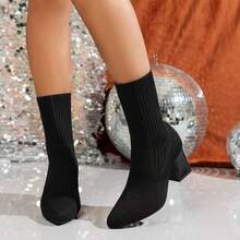 Boots For Women Ankle Booties Knit Sock Boots Pointed Toe Chunky Heel Lightweight Comfort Booties Slip On Ladies Fall Boots Dressy Vintage Fall Winter Casual Boot - 黑色 - 查看 5