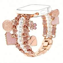 1pc Faux Pearl Beaded Watch Band Compatible With Apple Watch 38/40/41/42/44/45/46/49mm, Suitable For Women - Cuban Link Bracelet, With Cute Pendant Charm, Apple WatchWatch Seamsung Galaxy Watch 7/6/5/4/Active2 Classic 40/44mm, HUAWEI And Other 20mm/22mm Watch Faces (Band Only)