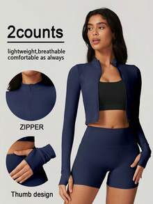 NcmRyu 2Piece Set Women's Solid Thumb Hole Zip Up Crop Jacket &High Waist Biker Shorts Tracksuit Set StreetwearTracksuit Sporty Breathable Comfy Outfits ForGym Workout Running Ladies Sportswear ForFall Minimalistic Outfit Cute Going Out Tops - 藏蓝色 - 查看 1