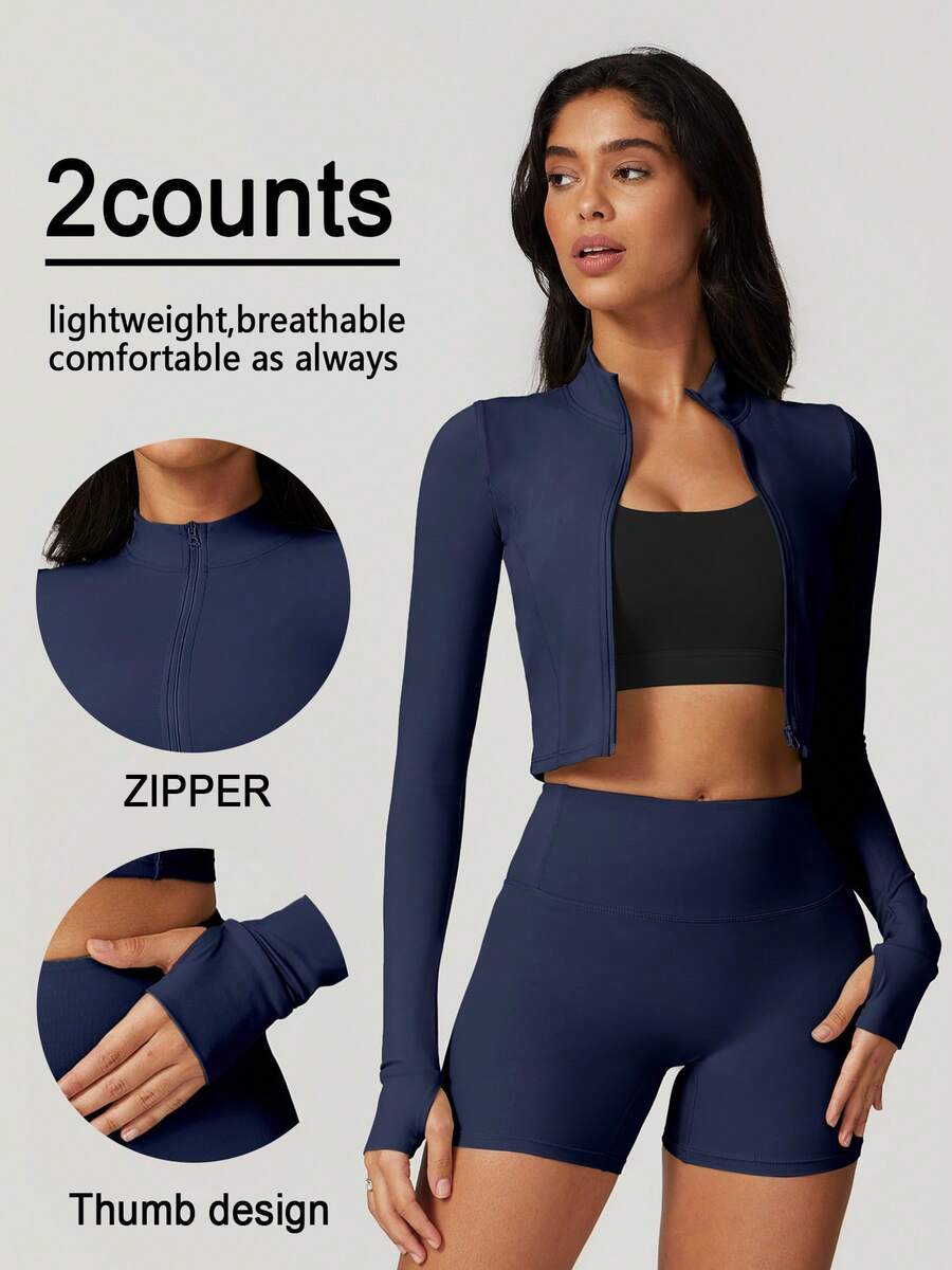 NcmRyu 2Piece Set Women's Solid Thumb Hole Zip Up Crop Jacket &High Waist Biker Shorts Tracksuit Set StreetwearTracksuit Sporty Breathable Comfy Outfits ForGym Workout Running Ladies Sportswear ForFall Minimalistic Outfit Cute Going Out Tops - 藏蓝色 - 查看 1