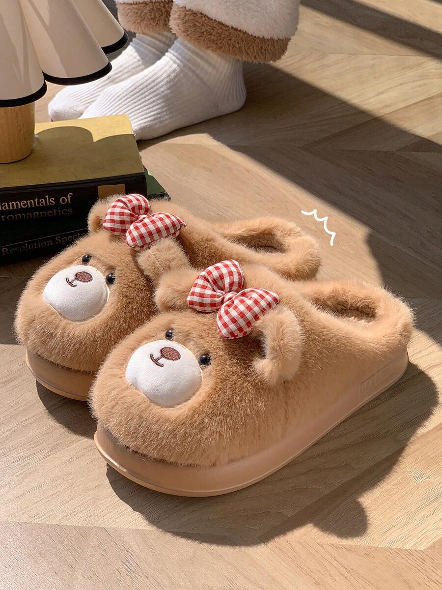 Brown Bear Cartoon Animal Plush Slippers, Women's Bedroom Slippers With EVA Non-Slip Durable Thick Soles, Unisex Design - Brown - View 1