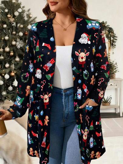 Holiday Themed Christmas Santa Claus Cartoon Print Multi-Element Holiday Atmosphere Casual Plus Size Women Long Sleeve Cardigan With Side Pockets