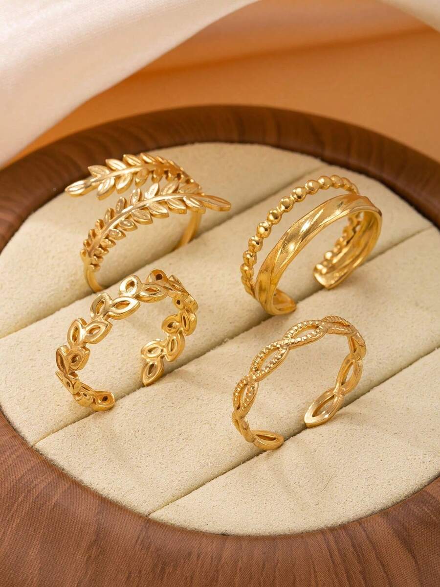 4pcs Stainless Steel Ring Set, Minimalist Adjustable Open Rings, Hollow Geometric Pattern Rings, Men's Wedding Accessories