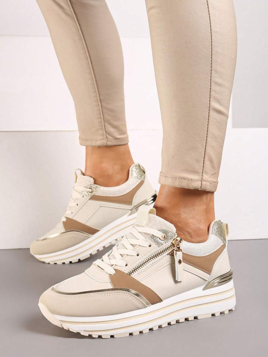 Zapatillas brillantes y gruesas para mujer - Casual para viajes en primavera/otoño - Beis - Ver 1