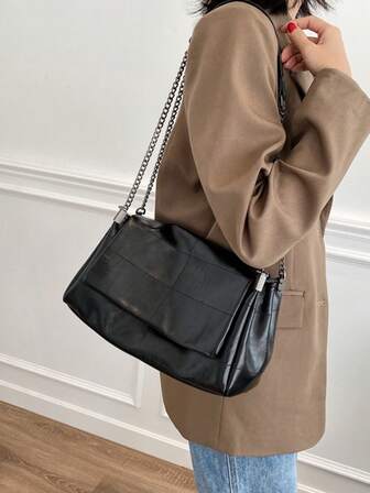 Women's Autumn Winter New Fashion Large Capacity Chain Handbag Tote Bag, Oil Wax Leather Shoulder Messenger Bag