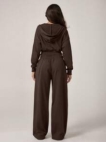 NcmRyu 1 Set Women's Fashion Drawstring Hooded Jacket With Pockets & Zipper, Long Sleeve Sweatsuit - Coffee Brown - View 9