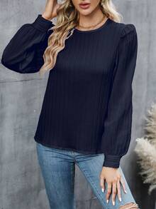 白色条纹圆领长袖衬衫，女士秋季春季穿着 - 藏蓝色 - 查看 5