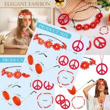 6PCS Hippie Costume Accessories Set 60s70s Retro Hippie Glasses Peace Sign Earrings And Necklace Sunflower Hair Band