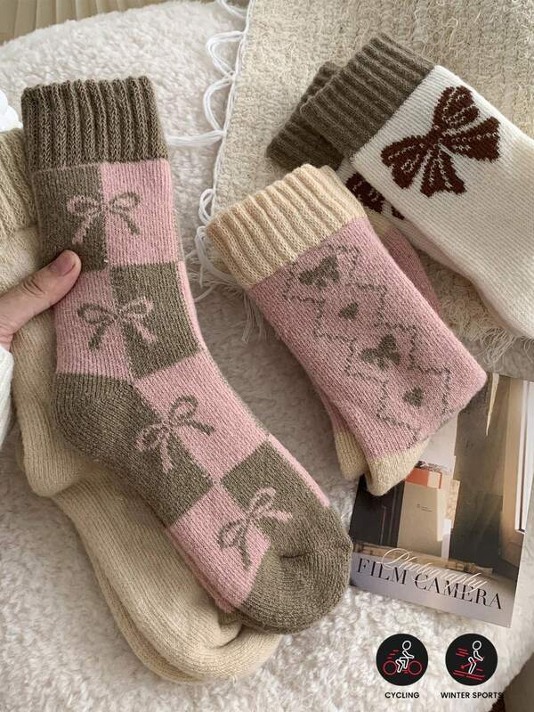 4 Pairs Of Comfortable Knitted Striped Socks Set For Women - Polyester Checkered Pattern With Bow Design, A Mixture Of 95% Polyester And 5% Elastic Fiber, Thick And Warm Winter Socks For Small And Medium-Sized Legs 4PCS6PCS8PCS16PCS