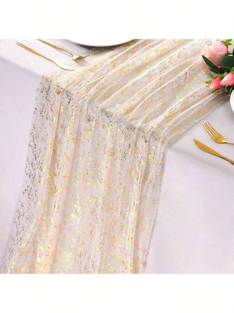 6Pcs 10 Ft Gold Table Runners, Sheer Chiffon Tulle Cheesecloth Golden Sequin Glitter Metallic Foil, Gold Party Table Decoration Centerpiece Wedding Birthday Anniversary - 金色 - 查看 1